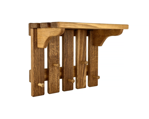 Dřevěný dubový věšák s 5 dubovými háčky a horní policí, praktický a stylový organizér do předsíně