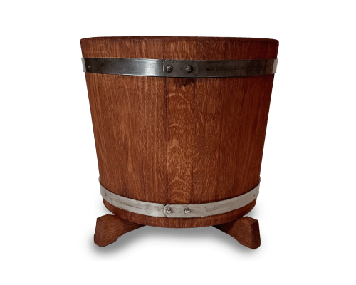 Dubový květináč kulatý 10 l – teaková barva, dřevěný obal na květiny pro zahradu, terasu i balkon