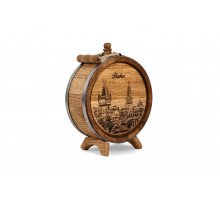 Ručně vyráběný dubový soudek-placatka o objemu 3 litry bez kohoutku, s gravírovaným motivem Prahy