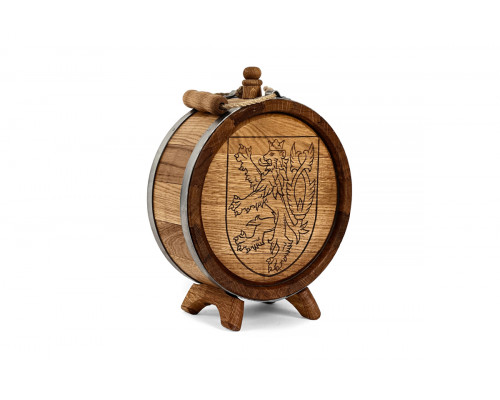 Dubový soudek – placatka bez kohoutku s vygravírovaným erbem města Praha, ručně vyrobený z masivního dubového dřeva