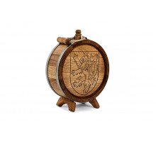 Dubový soudek – placatka bez kohoutku s vygravírovaným erbem města Praha, ručně vyrobený z masivního dubového dřeva