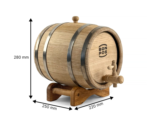 image_5 Dubová sud o objemu 5 litrů se středním vypálením, určená pro zrání a skladování alkoholu, včetně zátky, kohoutu a praktického stojanu pro snadné použití a stabilní umístění
