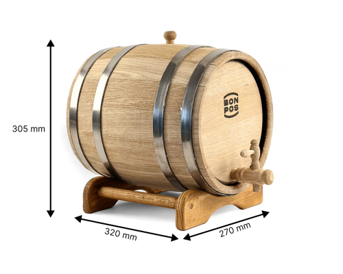 image_5 Dubový sud o objemu 10 litrů, umístěný na elegantním dřevěném stojanu, ideální pro zrání a skladování nápojů jako jsou víno, whisky nebo jiné destiláty