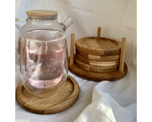 image_4 Sada 6 kusů kulatých dubových podtácků s praktickým stojánkem – ruční výroba z masivního dubového dřeva