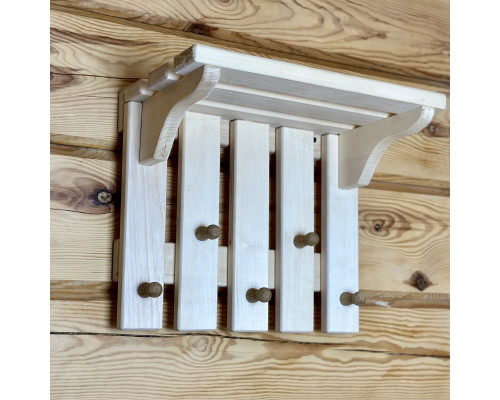 image_4 Nástěnný věšák z lípy s 5 háčky a horní policí, dřevěný věšák na oblečení, praktický a stylový doplněk do předsíně nebo chodby.