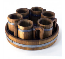 Sada 6 dubových korbelů na pivo 0,5 litru s podnosem – ručně vyrobené dřevěné pivní korbely pro stylové servírování piva