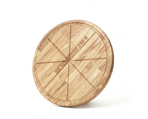 Dřevěný talíř na pizzu o průměru 340 mm vyrobený z masivního dubového dřeva, přírodní a odolný servírovací talíř pro domácí i restauraci